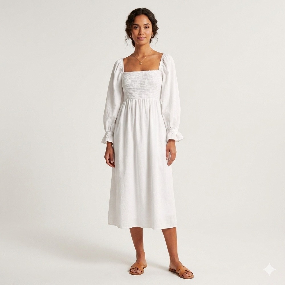 NEW o.p.t Athena White Smocked Midi Dress Long Puff Sleeve Linen Blend Size XS